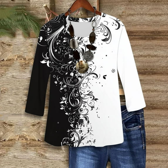 Viluyesy Round Neck T-Shirt for Womens 3/4 Sleeves Shirt Tops Fashionable Loose Blouse White Size S