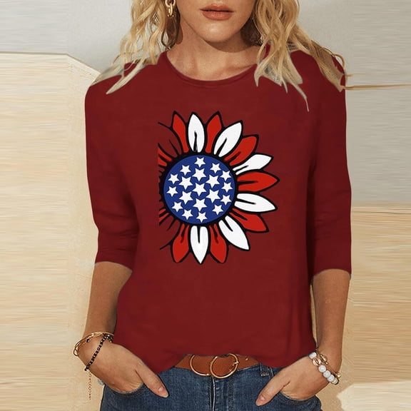 Viluyesy Round Neck T-Shirt for Womens 3/4 Sleeves Shirt Tops Fashionable Loose Blouse Wine Size S