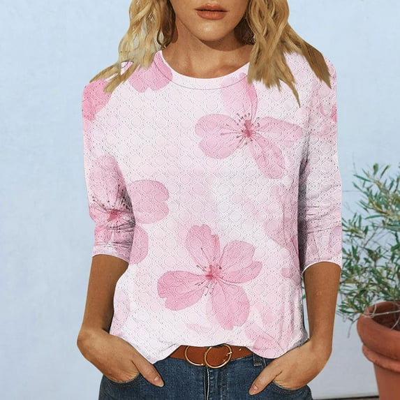 Viluyesy Round Neck T-Shirt for Womens 3/4 Sleeves Shirt Tops Fashionable Relaxed Elasticity Loose Blouse Pink Size XL