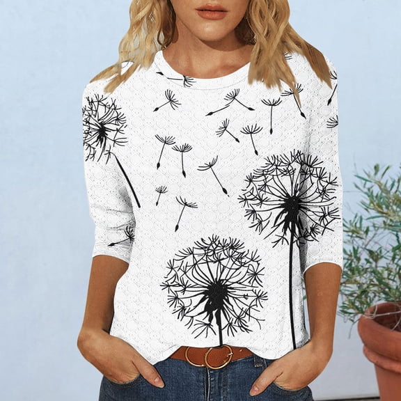 Viluyesy Round Neck T-Shirt for Womens 3/4 Sleeves Shirt Tops Fashionable Relaxed Elasticity Loose Blouse White Size M