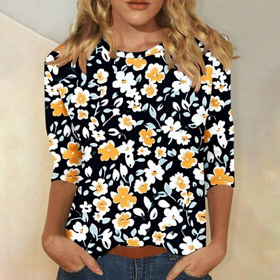 Viluyesy Round Neck T-Shirt for Womens 3/4 Sleeves Shirt Tops Fashionable Relaxed Loose Blouse Multicolor Size S