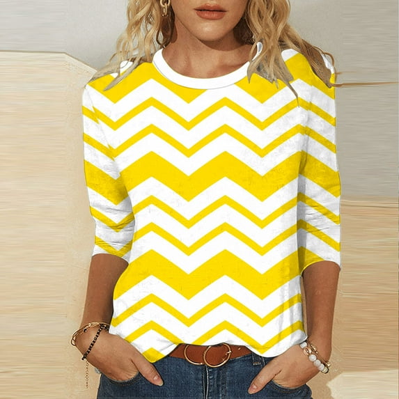 Viluyesy Round Neck T-Shirt for Womens 3/4 Sleeves Shirt Tops Fashionable Relaxed Loose Blouse Yellow Size M