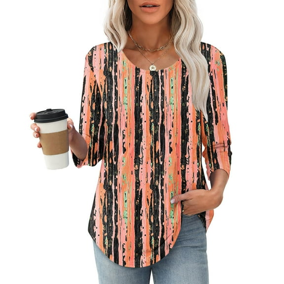 Viluyesy Round Neck T-Shirt for Womens 3/4 Sleeves Shirt Tops Fold Loose Blouse Multicolor Size M