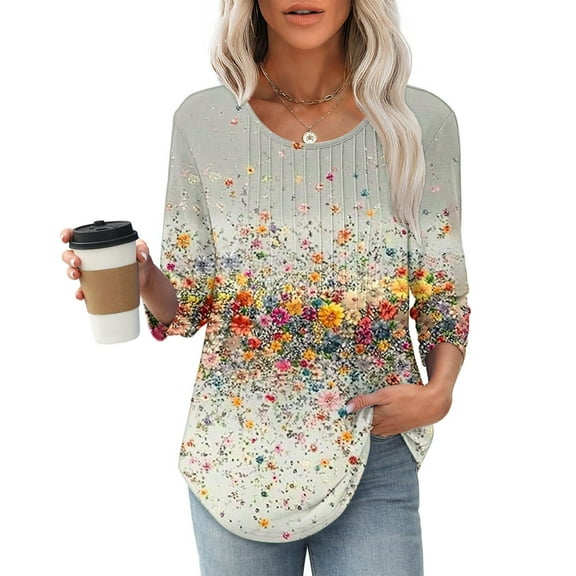 Viluyesy Round Neck T-Shirt for Womens 3/4 Sleeves Shirt Tops Fold Loose Blouse Multicolor Size S