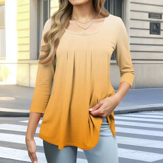 Viluyesy Round Neck T-Shirt for Womens 3/4 Sleeves Shirt Tops Fold Loose Blouse Yellow Size S