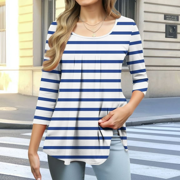 Viluyesy Round Neck T-Shirt for Womens 3/4 Sleeves Shirt Tops Fold Stripe Loose Blouse Blue Size M