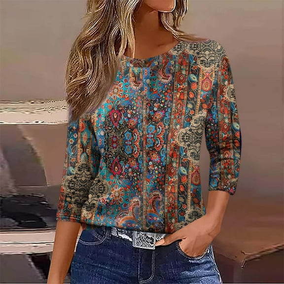 Viluyesy Round Neck T-Shirt for Womens 3/4 Sleeves Shirt Tops Loose Blouse Brown Size S