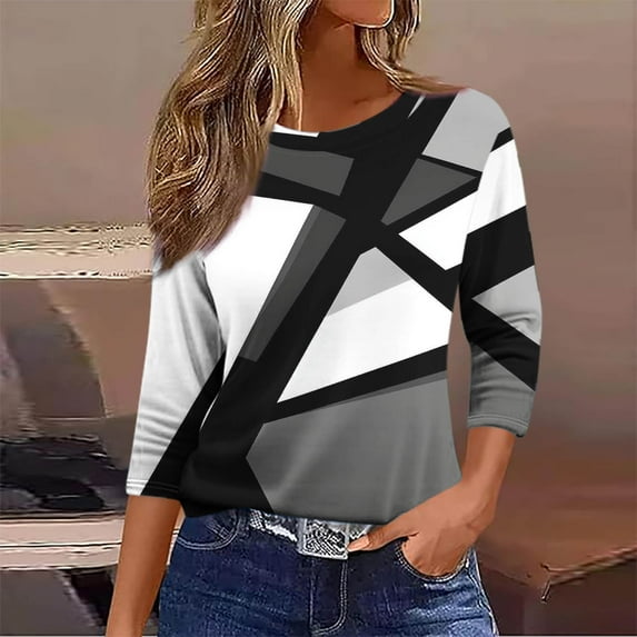 Viluyesy Round Neck T-Shirt for Womens 3/4 Sleeves Shirt Tops Loose Blouse Gray Size 5XL