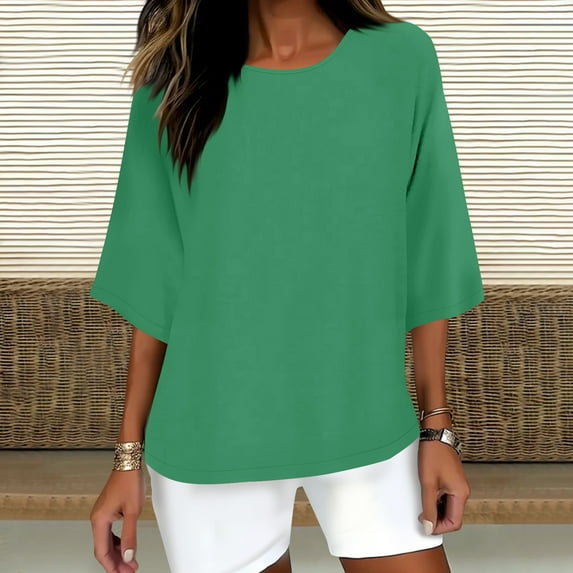 Viluyesy Round Neck T-Shirt for Womens 3/4 Sleeves Shirt Tops Loose Blouse Green Size L