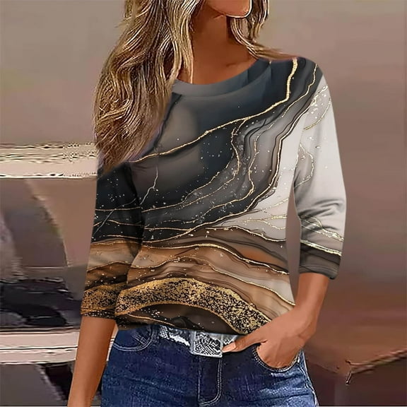 Viluyesy Round Neck T-Shirt for Womens 3/4 Sleeves Shirt Tops Loose Blouse Khaki Size L