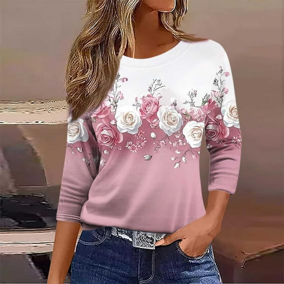 Viluyesy Round Neck T-Shirt for Womens 3/4 Sleeves Shirt Tops Loose Blouse Pink Size S
