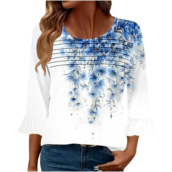 Viluyesy Round Neck T-Shirt for Womens 3/4 Sleeves Shirt Tops New Fold Loose Blouse Multicolor Size L