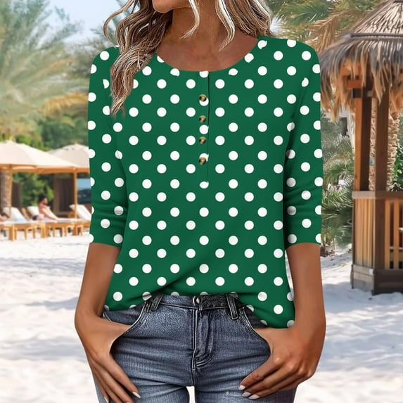 Viluyesy Round Neck T-Shirt for Womens 3/4 Sleeves Shirt Tops Relaxed Button Loose Blouse Army Green Size 2XL