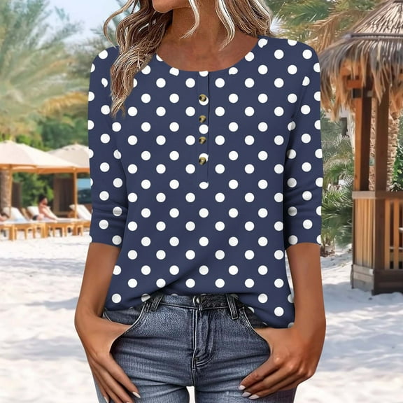 Viluyesy Round Neck T-Shirt for Womens 3/4 Sleeves Shirt Tops Relaxed Button Loose Blouse Navy Size L