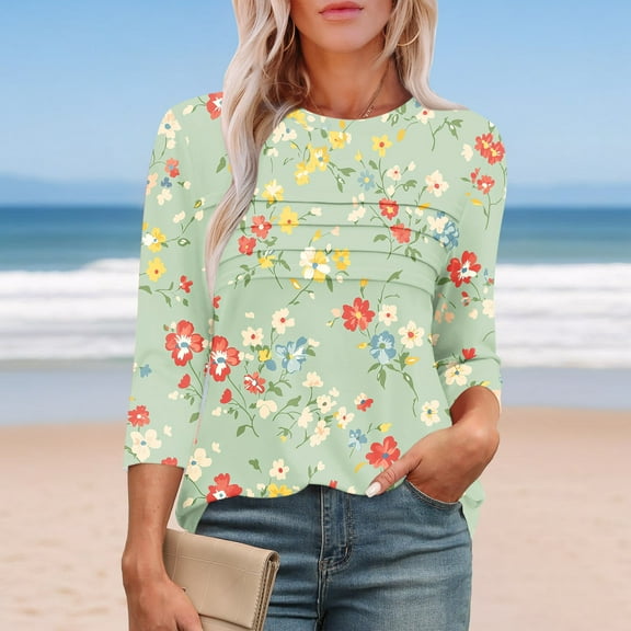 Viluyesy Round Neck T-Shirt for Womens 3/4 Sleeves Shirt Tops Relaxed Loose Blouse Green Size 2XL