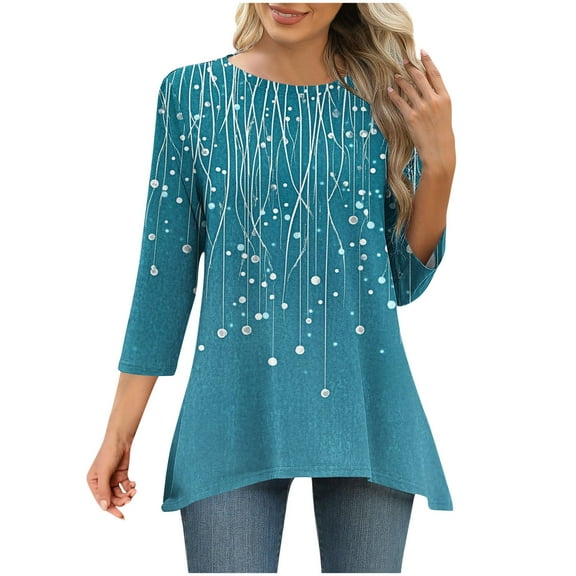 Viluyesy Round Neck T-Shirt for Womens 3/4 Sleeves Shirt Tops Relaxed Loose Blouse Light Blue Size S