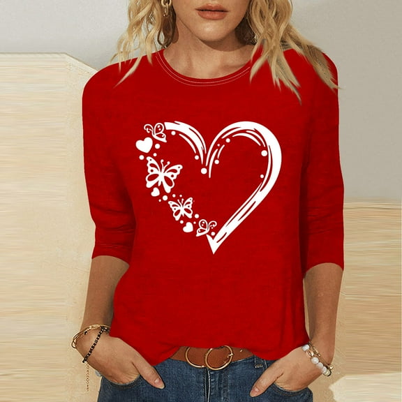 Viluyesy Round Neck T-Shirt for Womens 3/4 Sleeves Shirt Tops Relaxed Loose Blouse Red Size 2XL