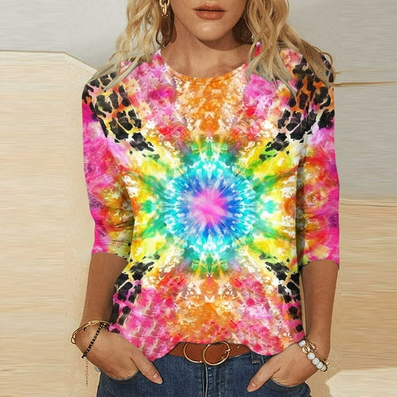 Viluyesy Round Neck T-Shirt for Womens 3/4 Sleeves Shirt Tops Retro Relaxed Loose Blouse Multicolor Size 2XL