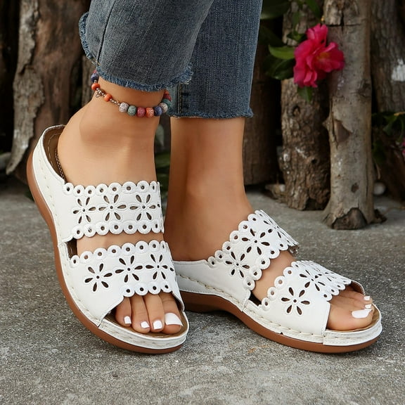 Viluyesy Sandals for Womens, Arch Support Wide Width Hollow Floral Beach Wedge Slippers White