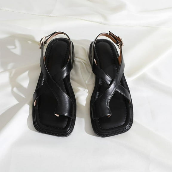 Viluyesy Sandals for Womens, Comfort X-Strap Ankle Buckle Trendy Roman Flat Shoes Black