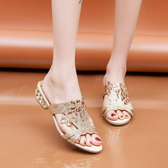 Viluyesy Sandals for Womens, Low Heels Open Toe Trendy Rhinestones Summer Fashion Wedge Sandals Gold