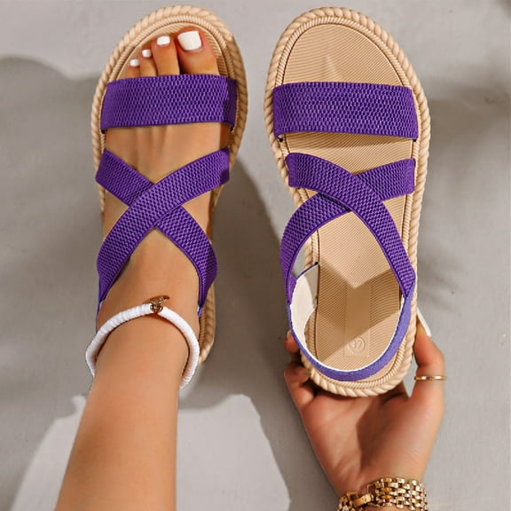 Viluyesy Sandals for Womens, Open Toe Wide Width Breathable Roman Beach Flat Shoes Purple