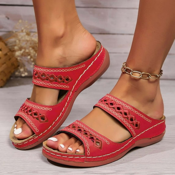Viluyesy Sandals for Womens, Slip-On Wide Width Arch Support Hollow Up Comfortable Slippers Red