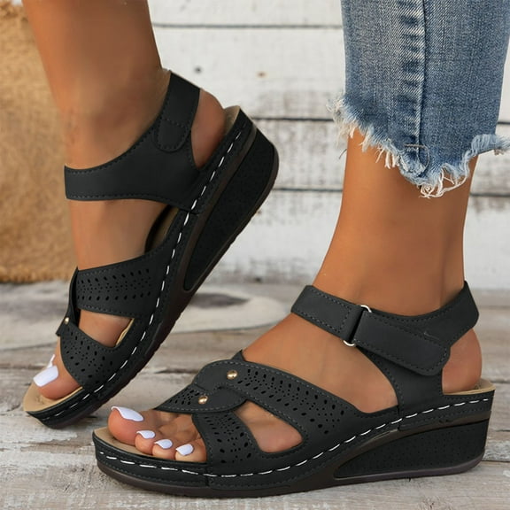 Viluyesy Sandals for Womens, Soft Sole Arch Support Solid Color Spring Summer Comfort Walking Shoes Black 5.5