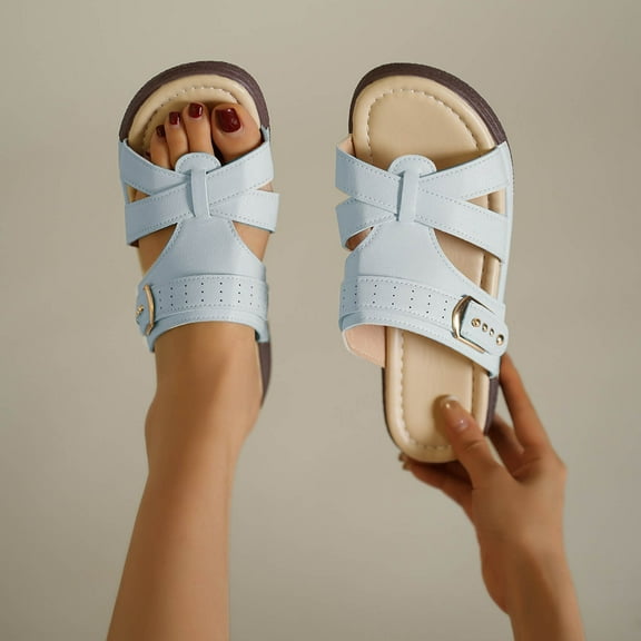 Viluyesy Sandals for Womens, Soft Sole Wide Width Slip-On Summer Casual Comfortable Wedge Shoes Gray 5.5