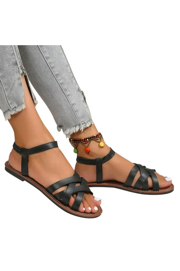 Sandals for Womens, Wide Width Ankle Strap Open Toe Summer Casual Flat Shoes Black