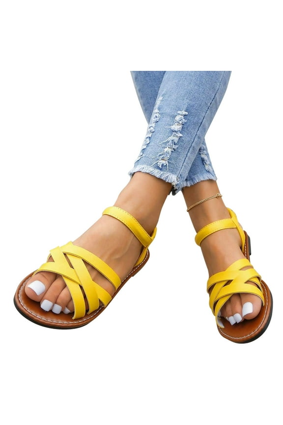 Sandals for Womens, Wide Width Ankle Strap Open Toe Summer Casual Flat Shoes Yellow