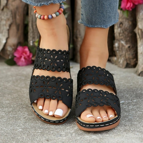 Viluyesy Sandals for Womens, Wide Width Arch Support Hollow Floral Beach Wedge Slippers Black