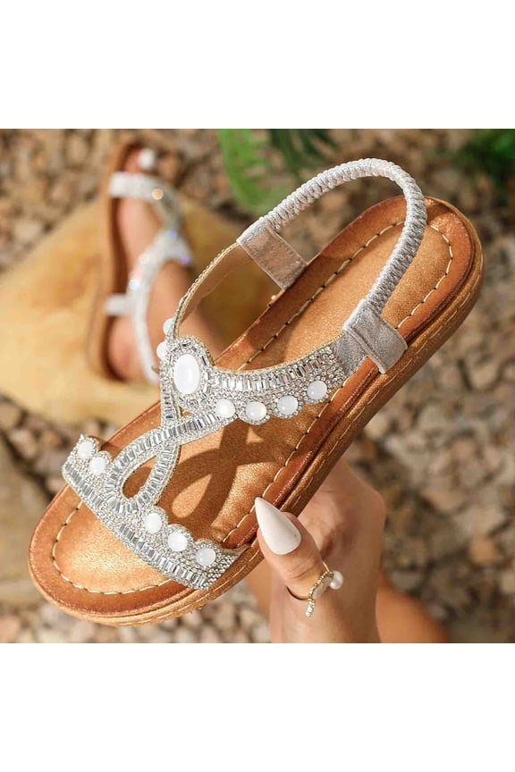 Sandals for Womens, Wide Width Open Toe Rhinestones Roman Gladiator Shoes Silver