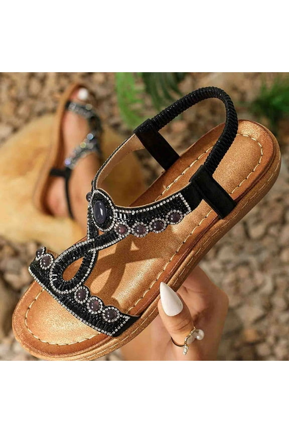Sandals for Womens, Wide Width Rhinestones Open Toe Roman Gladiator Shoes Black