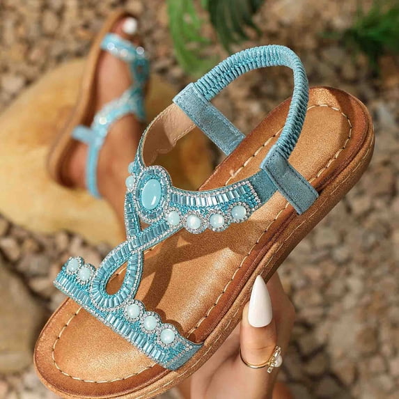 Viluyesy Sandals for Womens, Wide Width Rhinestones Open Toe Roman Gladiator Shoes Sky Blue
