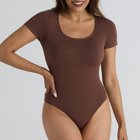 Viluyesy Shapewear for Womens, Scoop Neck Short Sleeve Tummy Control Seamless Comfort Thong Bodysuit Coffee