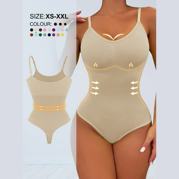 Viluyesy Shapewear for Womens, Shaper Bra Seamless Slim Fit Scoop Neck Slim Fit Tummy Control Thong Bodysuit Beige XS