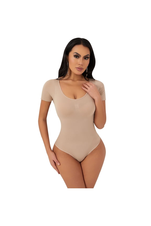 Shapewear for Womens, Short Sleeve Seamless Tummy Control Slim Fit Yogo Trainer Thong Bodysuit Beige 2XL