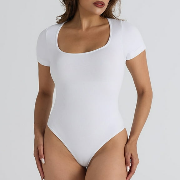 Viluyesy Shapewear for Womens, Tummy Control Scoop Neck Short Sleeve Seamless Comfort Thong Bodysuit White