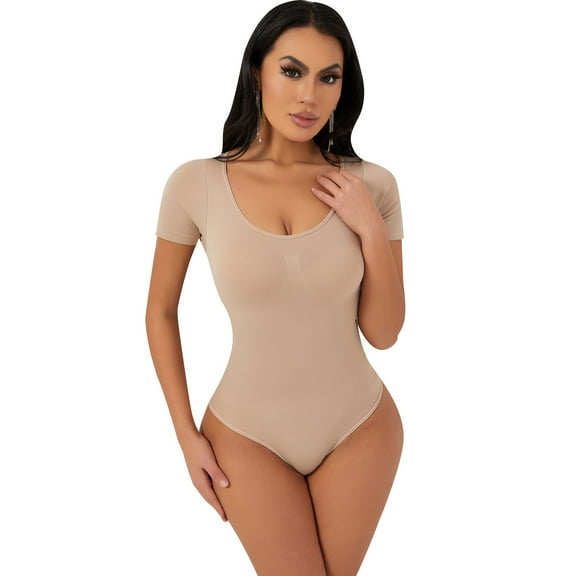 Viluyesy Shapewear for Womens, Tummy Control Short Sleeve Seamless Slim Fit Yogo Trainer Thong Bodysuit Beige S