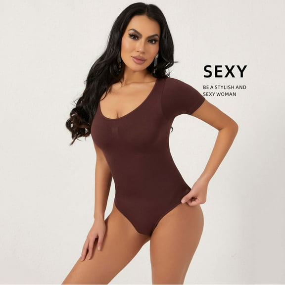 Viluyesy Shapewear for Womens, Tummy Control Short Sleeve Seamless Slim Fit Yogo Trainer Thong Bodysuit Coffee 3XL
