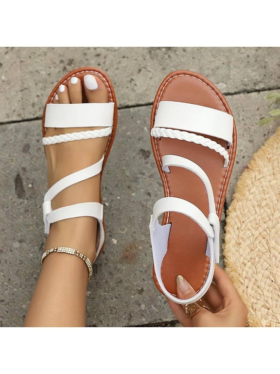 Slide Flat Sandals for Womens, Open Toe Casual Weave Strappy Summer Comfort Sandals White US6.5