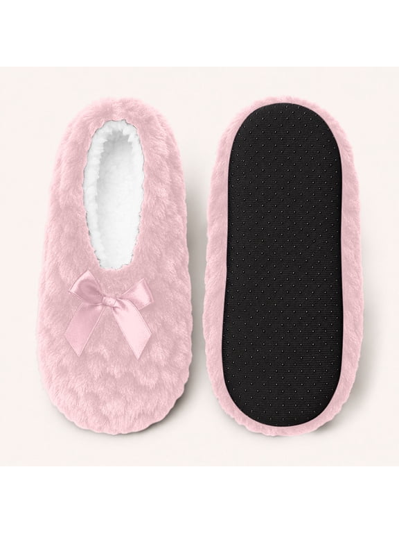 Slippers for Women, Bubble Fuzzy Sock Slippers Satin Bow Dotted Anti Skid Bottom Soft Indoor Floor Footwear Pink Size 5