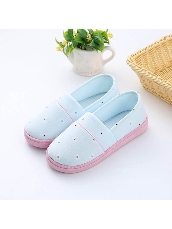 Slippers for Women, Tiny Daisy Embroidery Soft Fabric Slip On House Shoes Light Anti Skid Flat Bedroom Footwear Blue Size 7.5