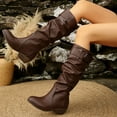 thumbnail image 1 of Viluyesy Slouch Boots for Womens, Chunky Heels Wide Calf Round Toe PU Leather Knee High Boots Brown, 1 of 9