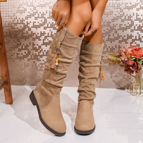 Viluyesy Slouch Boots for Womens, Suede Leather Pull-On Low Heels Fall Winter Retro Knee High Boots Khaki US6