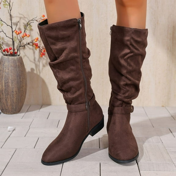 Viluyesy Slouch Boots for Womens, Wide Calf Zip-Up Chunky Heels Fashion Suede Leather Knee High Boots Brown