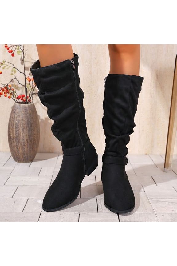 Slouch Boots for Womens, Zip-Up Chunky Heels Wide Calf Fashion Suede Leather Knee High Boots Black