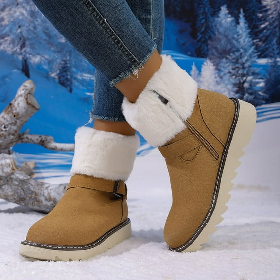 Viluyesy Snow Boots for Womens, Warm Faux Fur Lined Anti-Slip Thick Sole Mid Calf Winter Outdoor Fashion Suede Boots Brown US9.5