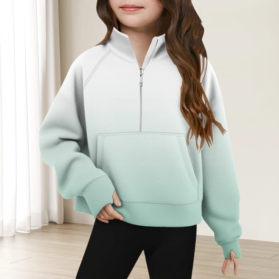 Viluyesy Sweatshirt for Girls, Fleece Warm Long Sleeve Zip-Up Stand-Up Collar Fashion Active Fit Tops Green 9T